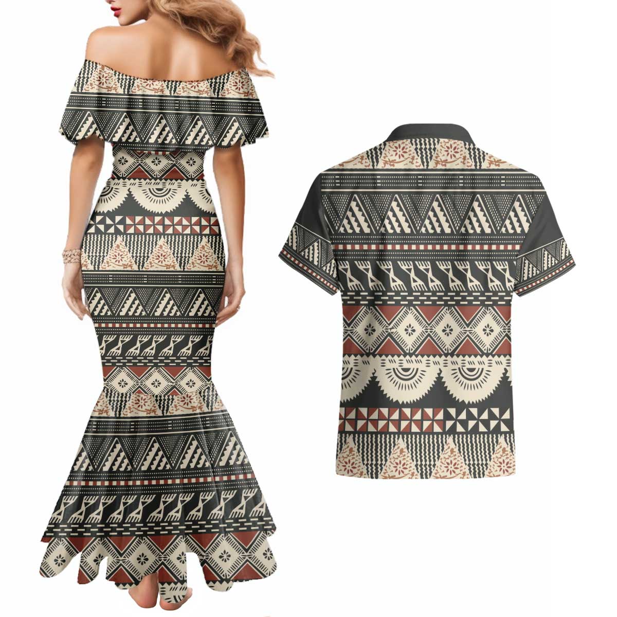 Vintage Bula Fiji Masi Couples Matching Mermaid Dress and Hawaiian Shirt Fijian Tapa Cloth LT14 - Polynesian Pride