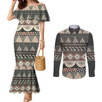 Vintage Bula Fiji Masi Couples Matching Mermaid Dress and Long Sleeve Button Shirt Fijian Tapa Cloth LT14 Charcoal - Polynesian Pride