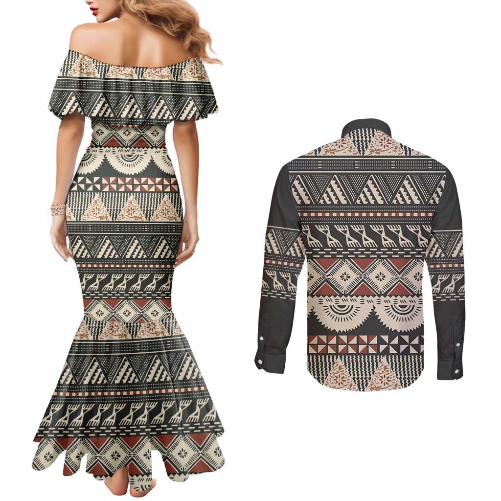 Vintage Bula Fiji Masi Couples Matching Mermaid Dress and Long Sleeve Button Shirt Fijian Tapa Cloth LT14 - Polynesian Pride