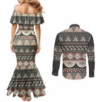 Vintage Bula Fiji Masi Couples Matching Mermaid Dress and Long Sleeve Button Shirt Fijian Tapa Cloth LT14 - Polynesian Pride