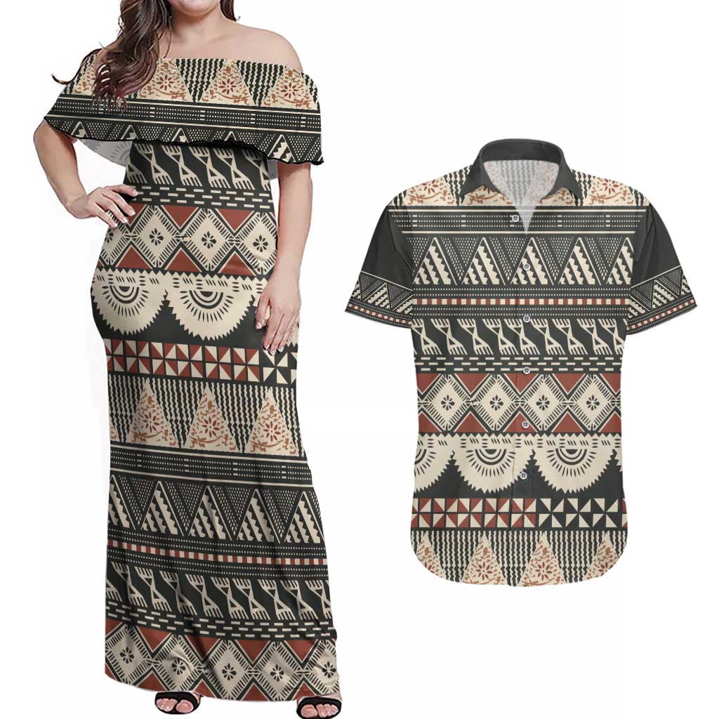 Vintage Bula Fiji Masi Couples Matching Off Shoulder Maxi Dress and Hawaiian Shirt Fijian Tapa Cloth LT14 Charcoal - Polynesian Pride