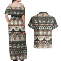Vintage Bula Fiji Masi Couples Matching Off Shoulder Maxi Dress and Hawaiian Shirt Fijian Tapa Cloth LT14 - Polynesian Pride