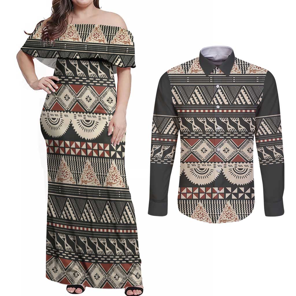 Vintage Bula Fiji Masi Couples Matching Off Shoulder Maxi Dress and Long Sleeve Button Shirt Fijian Tapa Cloth LT14 Charcoal - Polynesian Pride
