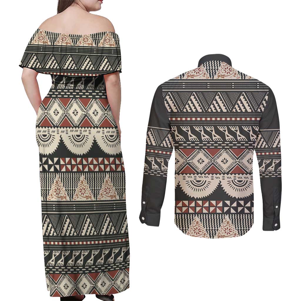 Vintage Bula Fiji Masi Couples Matching Off Shoulder Maxi Dress and Long Sleeve Button Shirt Fijian Tapa Cloth LT14 - Polynesian Pride