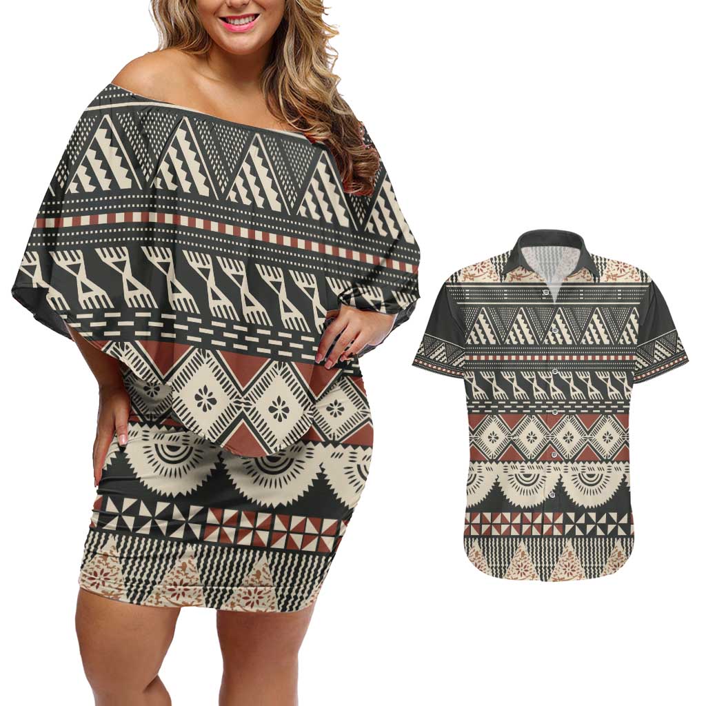 Vintage Bula Fiji Masi Couples Matching Off Shoulder Short Dress and Hawaiian Shirt Fijian Tapa Cloth LT14 Charcoal - Polynesian Pride
