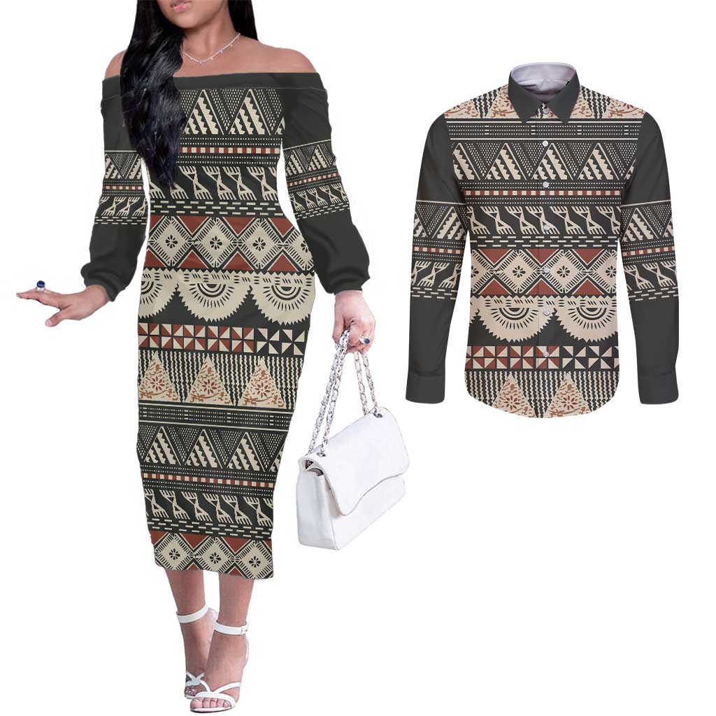 Vintage Bula Fiji Masi Couples Matching Off The Shoulder Long Sleeve Dress and Long Sleeve Button Shirt Fijian Tapa Cloth LT14 Charcoal - Polynesian Pride