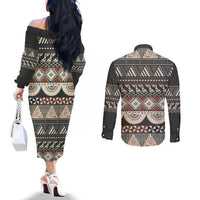 Vintage Bula Fiji Masi Couples Matching Off The Shoulder Long Sleeve Dress and Long Sleeve Button Shirt Fijian Tapa Cloth LT14 - Polynesian Pride