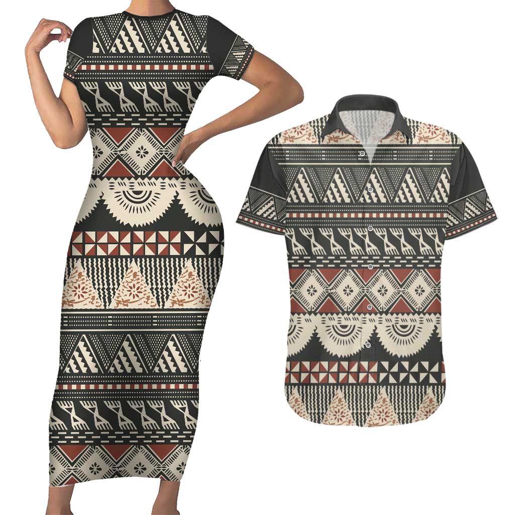 Vintage Bula Fiji Masi Couples Matching Short Sleeve Bodycon Dress and Hawaiian Shirt Fijian Tapa Cloth LT14 Charcoal - Polynesian Pride