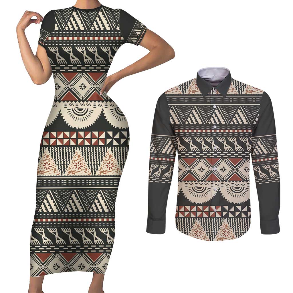 Vintage Bula Fiji Masi Couples Matching Short Sleeve Bodycon Dress and Long Sleeve Button Shirt Fijian Tapa Cloth LT14 Charcoal - Polynesian Pride