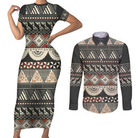 Vintage Bula Fiji Masi Couples Matching Short Sleeve Bodycon Dress and Long Sleeve Button Shirt Fijian Tapa Cloth LT14 Charcoal - Polynesian Pride