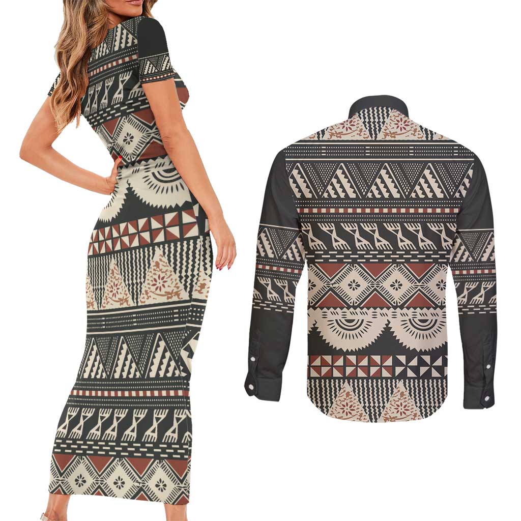 Vintage Bula Fiji Masi Couples Matching Short Sleeve Bodycon Dress and Long Sleeve Button Shirt Fijian Tapa Cloth LT14 - Polynesian Pride