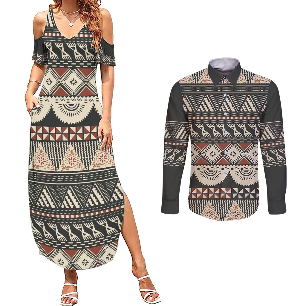 Vintage Bula Fiji Masi Couples Matching Summer Maxi Dress and Long Sleeve Button Shirt Fijian Tapa Cloth - Polynesian Pride
