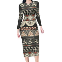 Vintage Bula Fiji Masi Family Matching Long Sleeve Bodycon Dress and Hawaiian Shirt Fijian Tapa Cloth LT14 Mom's Dress Charcoal - Polynesian Pride