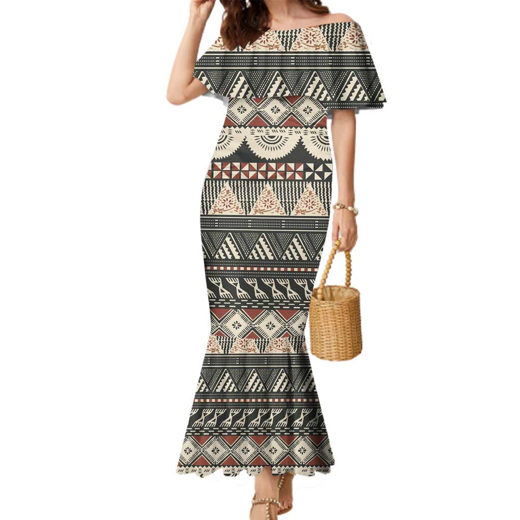 Vintage Bula Fiji Masi Family Matching Mermaid Dress and Hawaiian Shirt Fijian Tapa Cloth LT14 Mom's Dress Charcoal - Polynesian Pride