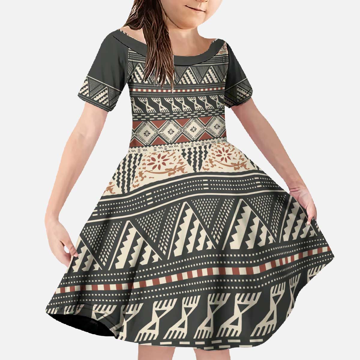 Vintage Bula Fiji Masi Family Matching Off The Shoulder Long Sleeve Dress and Hawaiian Shirt Fijian Tapa Cloth LT14 Daughter's Dress Charcoal - Polynesian Pride