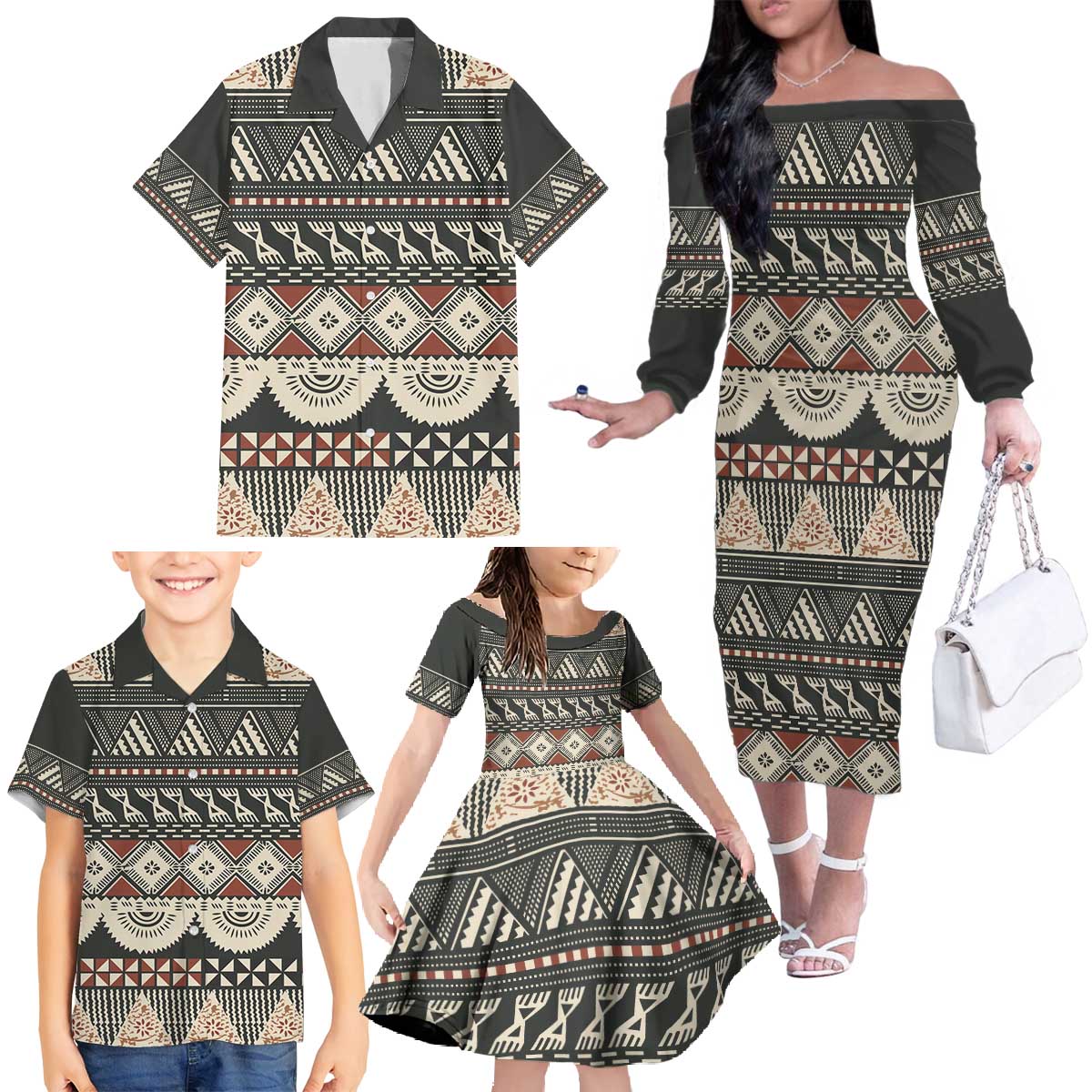 Vintage Bula Fiji Masi Family Matching Off The Shoulder Long Sleeve Dress and Hawaiian Shirt Fijian Tapa Cloth LT14 - Polynesian Pride