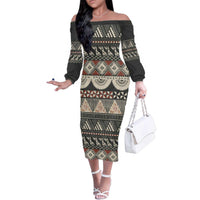Vintage Bula Fiji Masi Family Matching Off The Shoulder Long Sleeve Dress and Hawaiian Shirt Fijian Tapa Cloth LT14 Mom's Dress Charcoal - Polynesian Pride