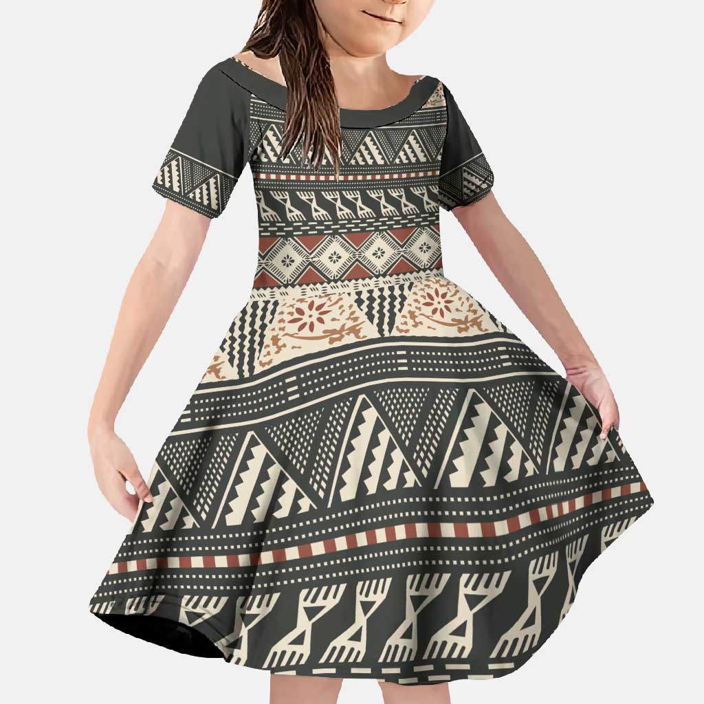 Vintage Bula Fiji Masi Family Matching Off Shoulder Maxi Dress and Hawaiian Shirt Fijian Tapa Cloth LT14 Daughter's Dress Charcoal - Polynesian Pride