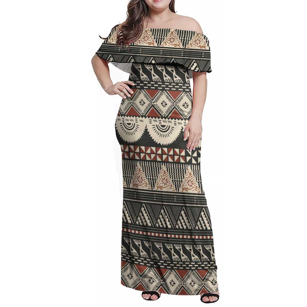 Vintage Bula Fiji Masi Family Matching Off Shoulder Maxi Dress and Hawaiian Shirt Fijian Tapa Cloth LT14 Mom's Dress Charcoal - Polynesian Pride