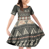 Vintage Bula Fiji Masi Family Matching Off Shoulder Short Dress and Hawaiian Shirt Fijian Tapa Cloth LT14 Daughter's Dress Charcoal - Polynesian Pride