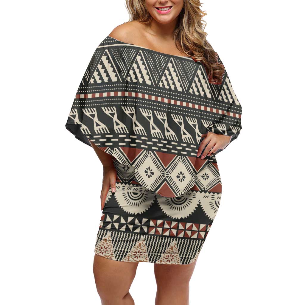 Vintage Bula Fiji Masi Family Matching Off Shoulder Short Dress and Hawaiian Shirt Fijian Tapa Cloth LT14 Mom's Dress Charcoal - Polynesian Pride