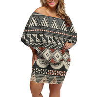 Vintage Bula Fiji Masi Family Matching Off Shoulder Short Dress and Hawaiian Shirt Fijian Tapa Cloth LT14 Mom's Dress Charcoal - Polynesian Pride