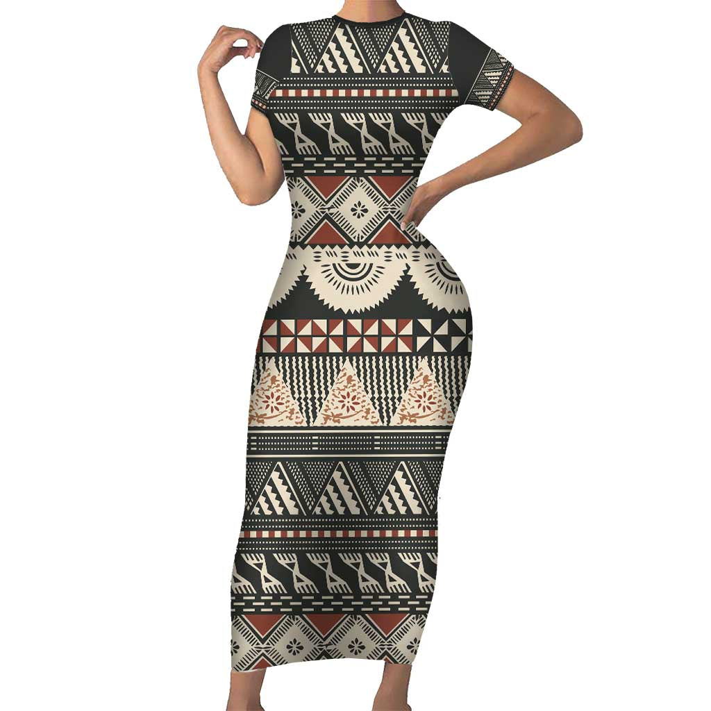 Vintage Bula Fiji Masi Family Matching Short Sleeve Bodycon Dress and Hawaiian Shirt Fijian Tapa Cloth LT14 Mom's Dress Charcoal - Polynesian Pride