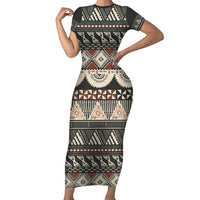 Vintage Bula Fiji Masi Family Matching Short Sleeve Bodycon Dress and Hawaiian Shirt Fijian Tapa Cloth LT14 Mom's Dress Charcoal - Polynesian Pride