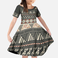 Vintage Bula Fiji Masi Family Matching Summer Maxi Dress and Hawaiian Shirt Fijian Tapa Cloth LT14 Daughter's Dress Charcoal - Polynesian Pride