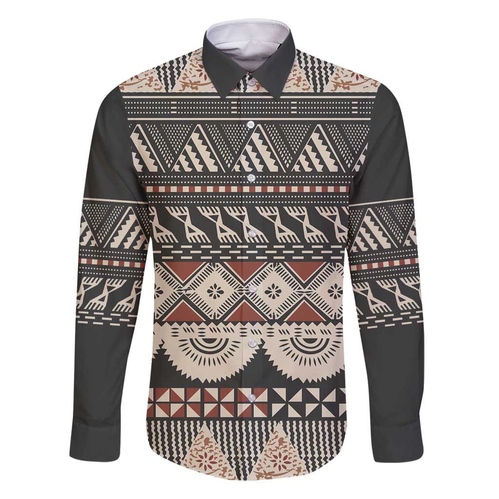 Vintage Bula Fiji Masi Family Matching Summer Maxi Dress and Hawaiian Shirt Fijian Tapa Cloth LT14 Dad's Shirt - Long Sleeve Charcoal - Polynesian Pride