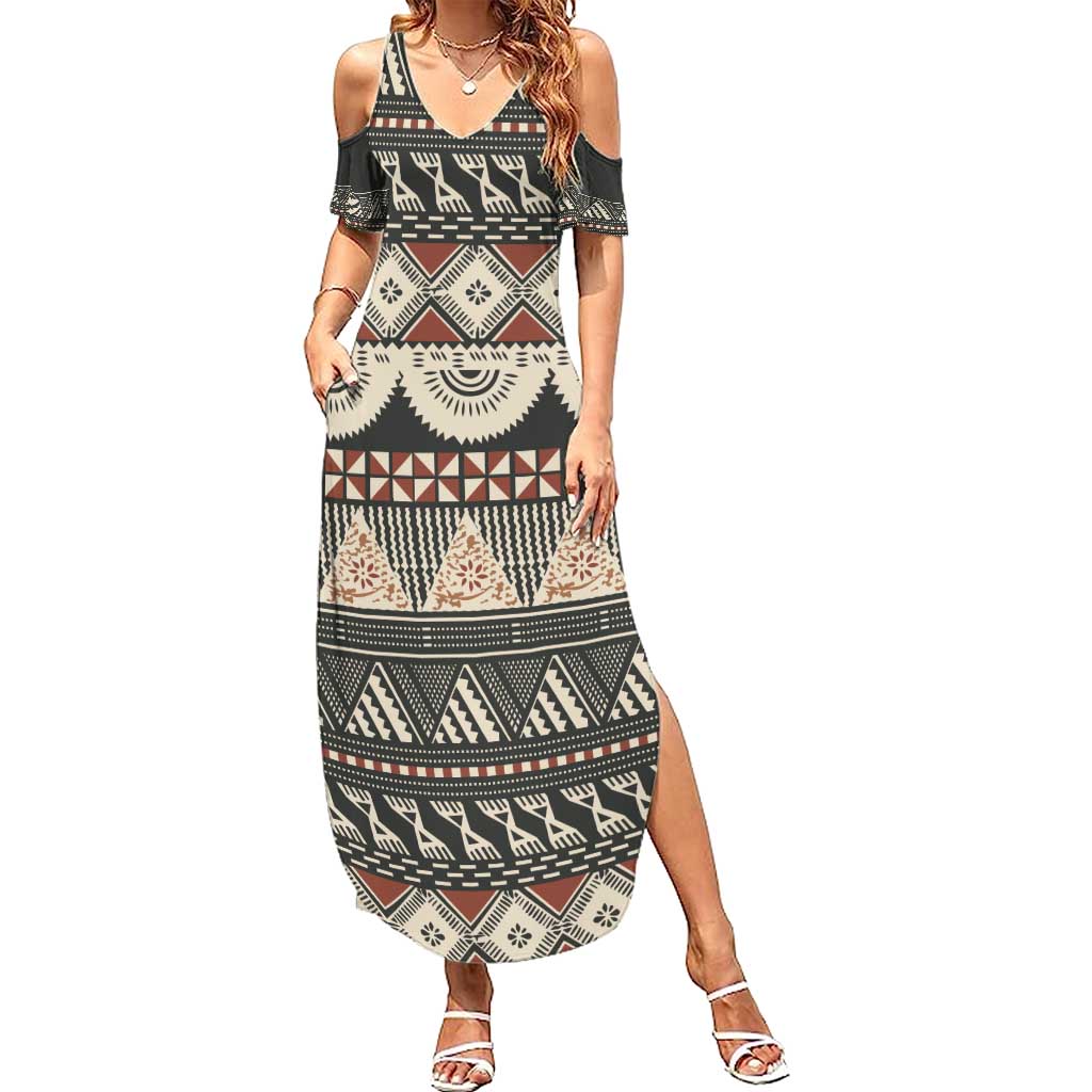 Vintage Bula Fiji Masi Family Matching Summer Maxi Dress and Hawaiian Shirt Fijian Tapa Cloth LT14 Mom's Dress Charcoal - Polynesian Pride