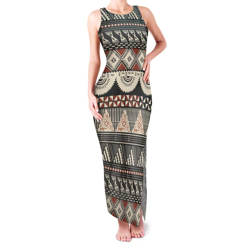 Vintage Bula Fiji Masi Family Matching Tank Maxi Dress and Hawaiian Shirt Fijian Tapa Cloth LT14 Mom's Dress Charcoal - Polynesian Pride
