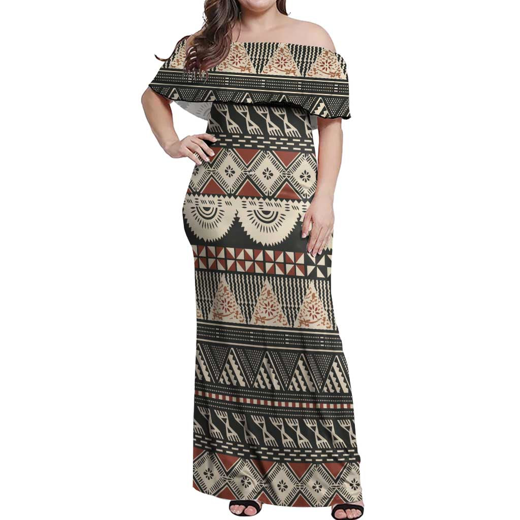 Vintage Bula Fiji Masi Off Shoulder Maxi Dress Fijian Tapa Cloth - Polynesian Pride