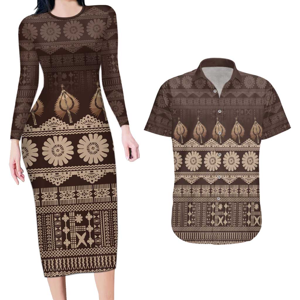 Bula Fiji Iri ni Meke Couples Matching Long Sleeve Bodycon Dress and Hawaiian Shirt Kuvui Fijian Masi LT14 Brown - Polynesian Pride
