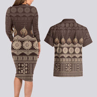 Bula Fiji Iri ni Meke Couples Matching Long Sleeve Bodycon Dress and Hawaiian Shirt Kuvui Fijian Masi LT14 - Polynesian Pride