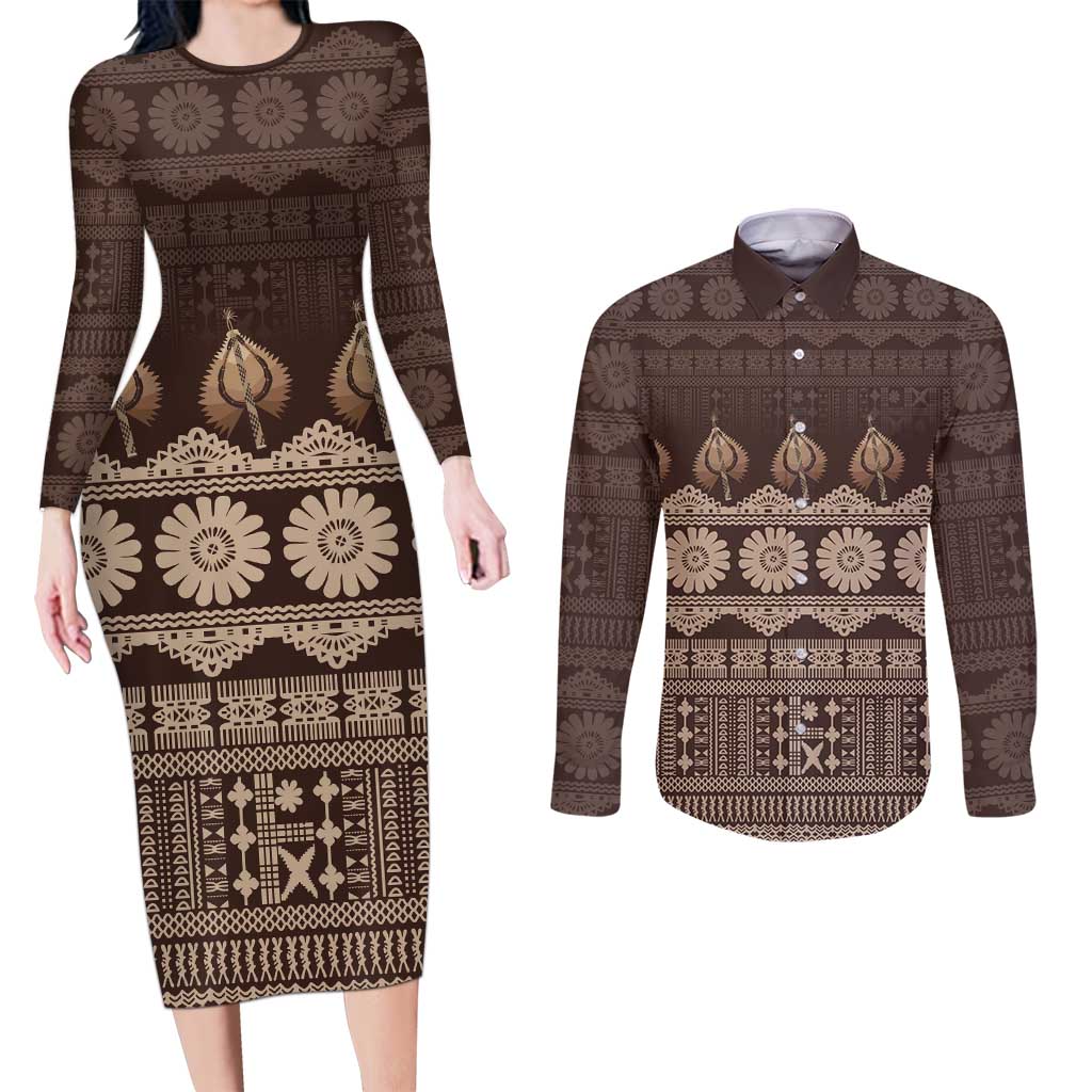 Bula Fiji Iri ni Meke Couples Matching Long Sleeve Bodycon Dress and Long Sleeve Button Shirt Kuvui Fijian Masi LT14 Brown - Polynesian Pride