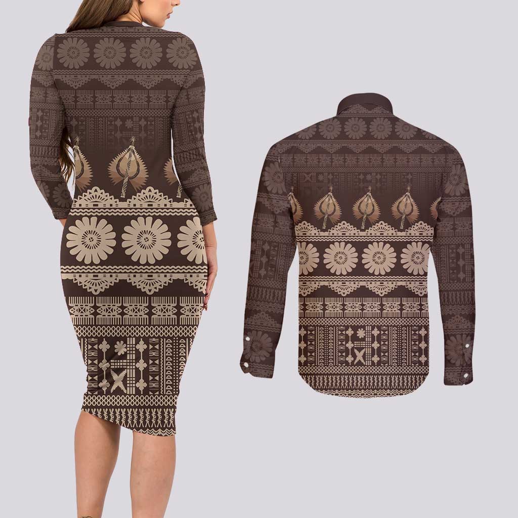 Bula Fiji Iri ni Meke Couples Matching Long Sleeve Bodycon Dress and Long Sleeve Button Shirt Kuvui Fijian Masi LT14 - Polynesian Pride