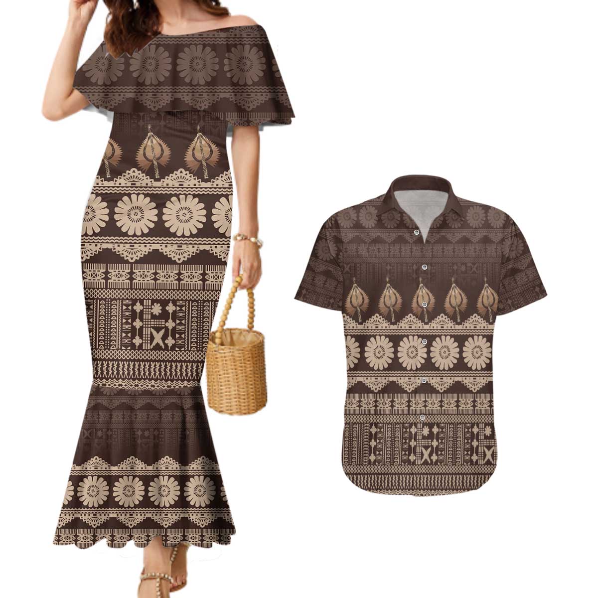 Bula Fiji Iri ni Meke Couples Matching Mermaid Dress and Hawaiian Shirt Kuvui Fijian Masi LT14 Brown - Polynesian Pride