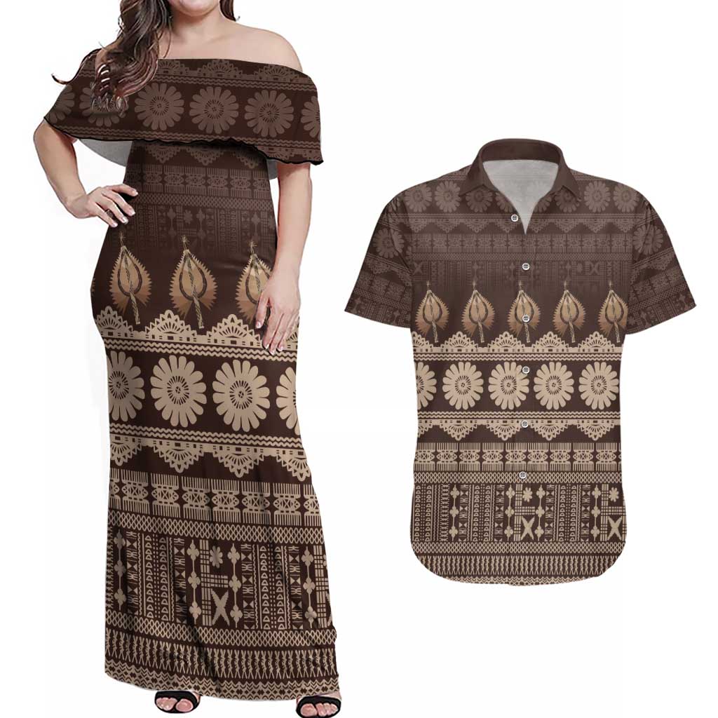 Bula Fiji Iri ni Meke Couples Matching Off Shoulder Maxi Dress and Hawaiian Shirt Kuvui Fijian Masi LT14 Brown - Polynesian Pride