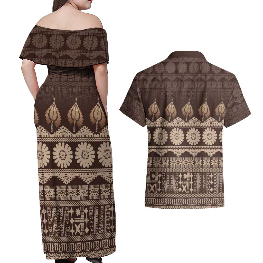 Bula Fiji Iri ni Meke Couples Matching Off Shoulder Maxi Dress and Hawaiian Shirt Kuvui Fijian Masi LT14 - Polynesian Pride