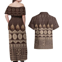 Bula Fiji Iri ni Meke Couples Matching Off Shoulder Maxi Dress and Hawaiian Shirt Kuvui Fijian Masi LT14 - Polynesian Pride