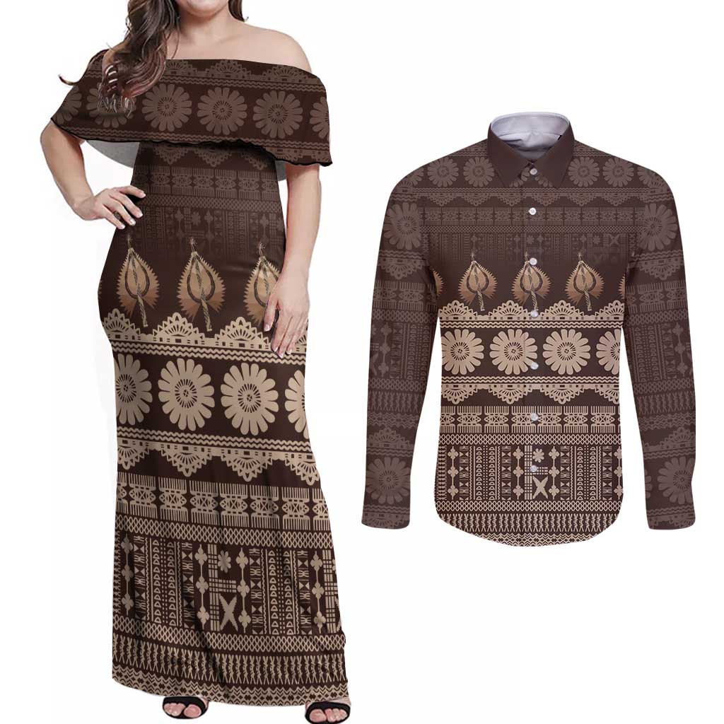 Bula Fiji Iri ni Meke Couples Matching Off Shoulder Maxi Dress and Long Sleeve Button Shirt Kuvui Fijian Masi LT14 Brown - Polynesian Pride