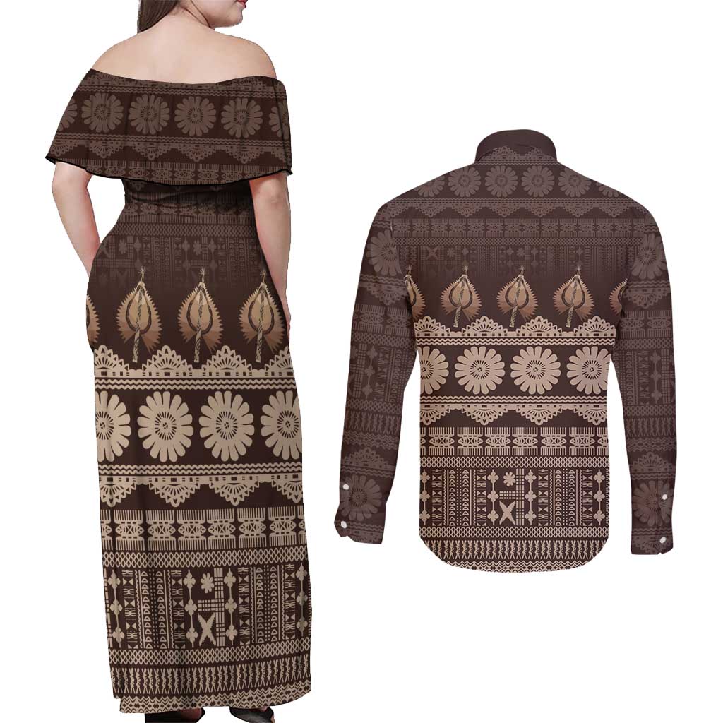 Bula Fiji Iri ni Meke Couples Matching Off Shoulder Maxi Dress and Long Sleeve Button Shirt Kuvui Fijian Masi LT14 - Polynesian Pride