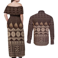 Bula Fiji Iri ni Meke Couples Matching Off Shoulder Maxi Dress and Long Sleeve Button Shirt Kuvui Fijian Masi LT14 - Polynesian Pride
