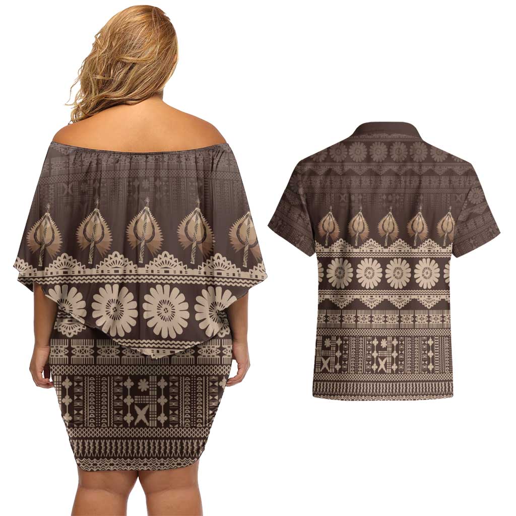 Bula Fiji Iri ni Meke Couples Matching Off Shoulder Short Dress and Hawaiian Shirt Kuvui Fijian Masi LT14 - Polynesian Pride
