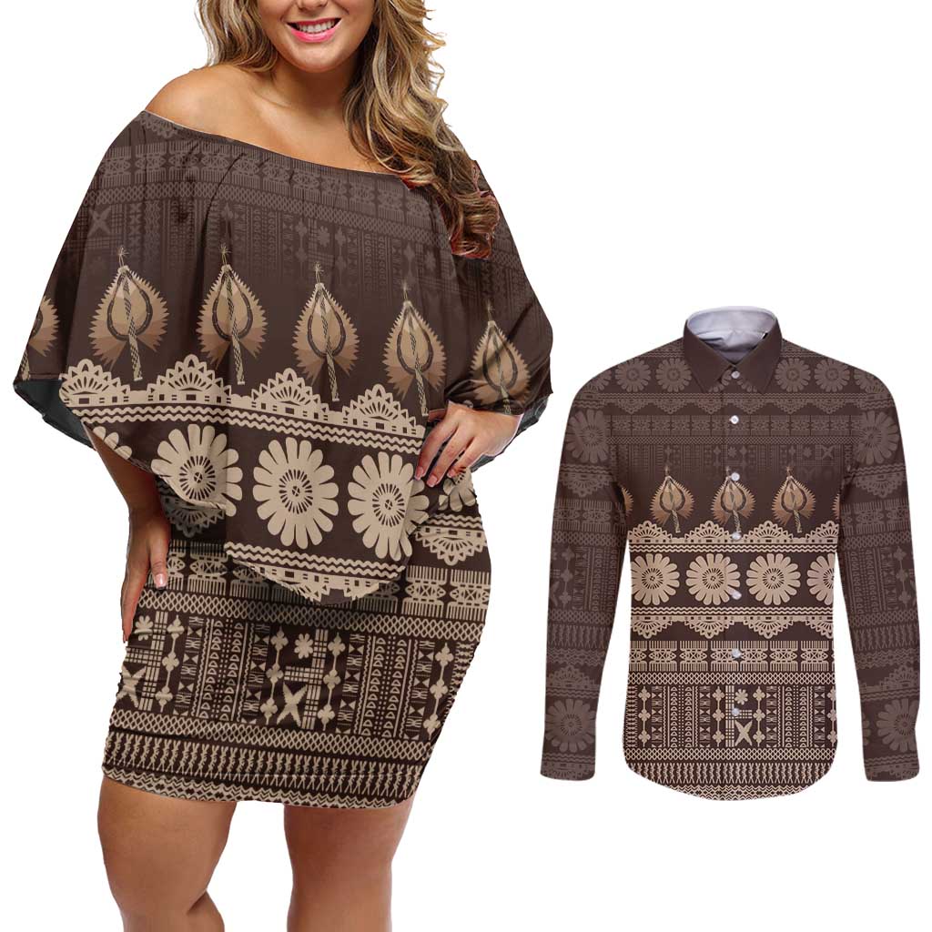 Bula Fiji Iri ni Meke Couples Matching Off Shoulder Short Dress and Long Sleeve Button Shirt Kuvui Fijian Masi LT14 Brown - Polynesian Pride