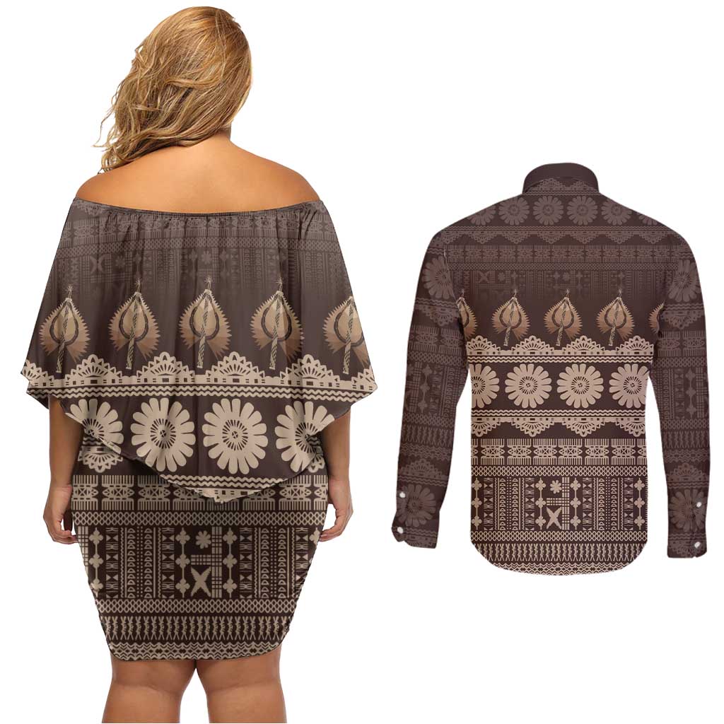 Bula Fiji Iri ni Meke Couples Matching Off Shoulder Short Dress and Long Sleeve Button Shirt Kuvui Fijian Masi LT14 - Polynesian Pride
