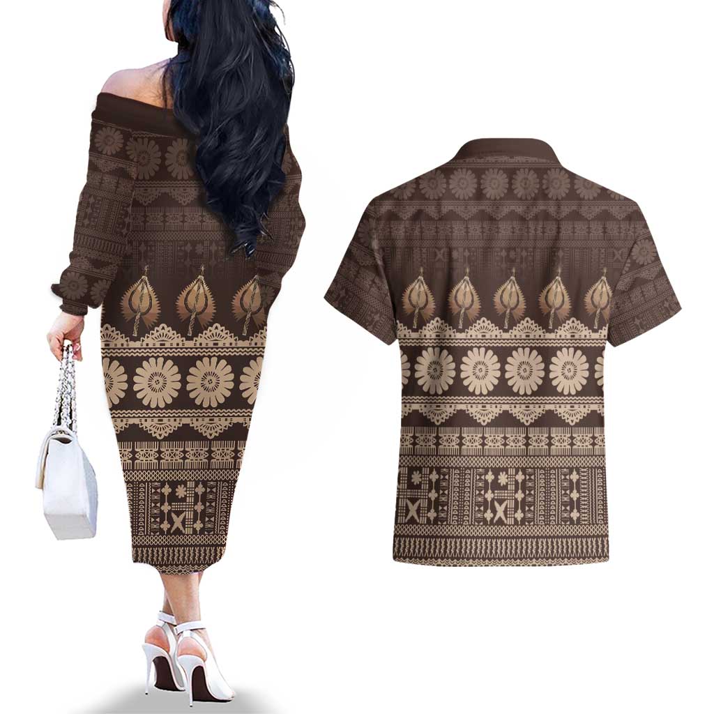 Bula Fiji Iri ni Meke Couples Matching Off The Shoulder Long Sleeve Dress and Hawaiian Shirt Kuvui Fijian Masi LT14 - Polynesian Pride
