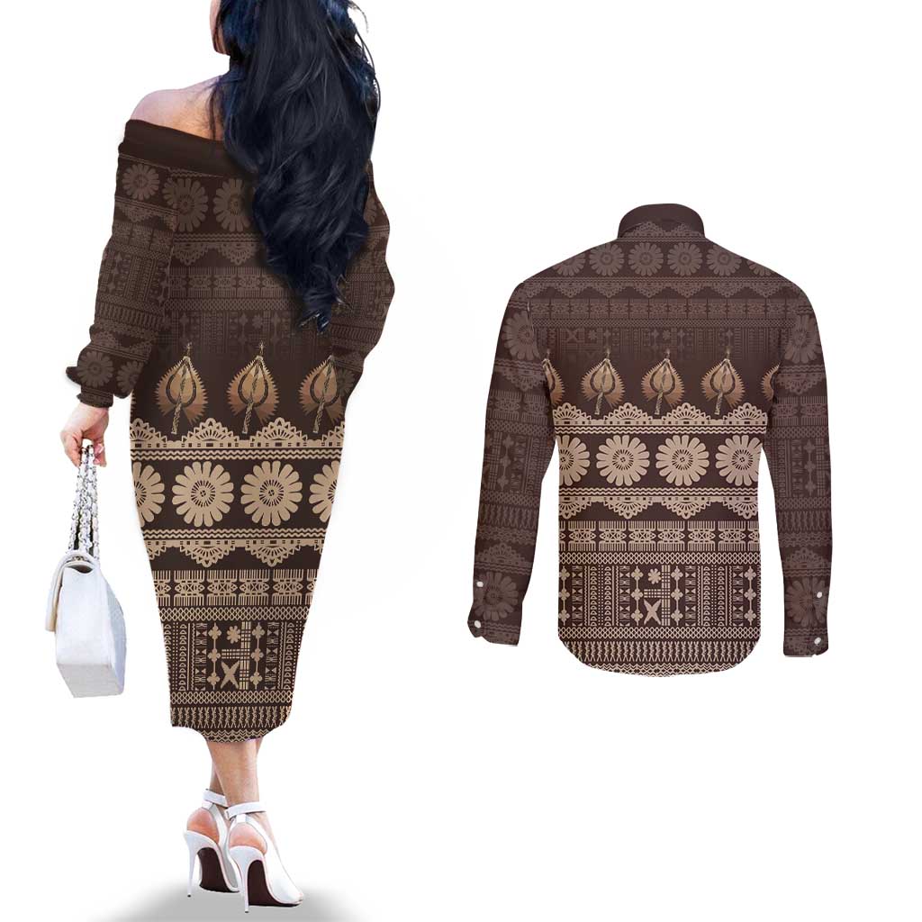 Bula Fiji Iri ni Meke Couples Matching Off The Shoulder Long Sleeve Dress and Long Sleeve Button Shirt Kuvui Fijian Masi LT14 - Polynesian Pride
