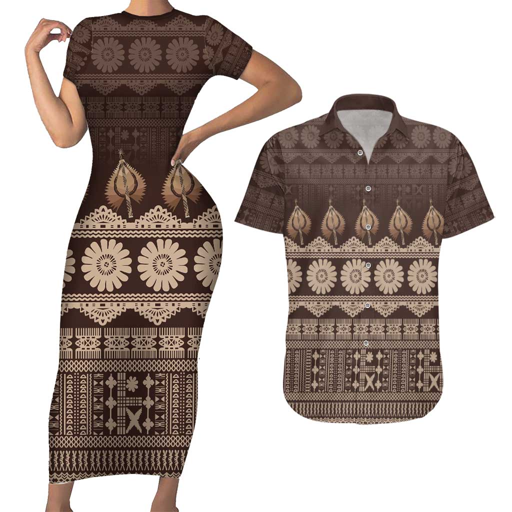 Bula Fiji Iri ni Meke Couples Matching Short Sleeve Bodycon Dress and Hawaiian Shirt Kuvui Fijian Masi LT14 Brown - Polynesian Pride